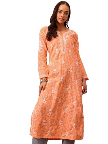 Image of Ada Women's Cotton Straight Fit Straight Hand Embroidered Lucknowi Chikankari Kurta Kurti A411378