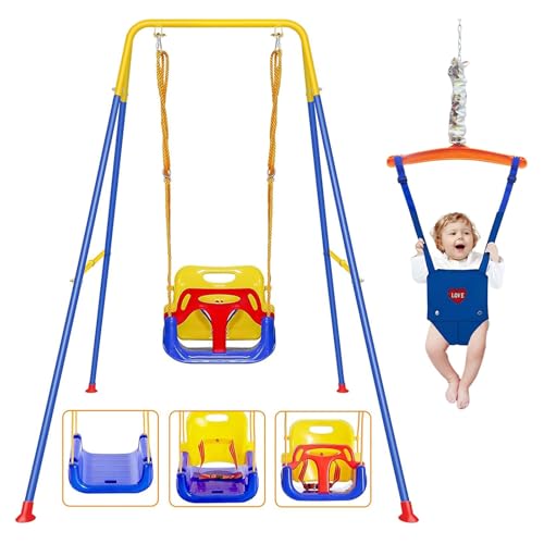 2 en 1 Balancoire Bebe avec Sièges sauteurs Suspendus, Balancoire pour Enfant Intérieure/Extérieure avec Support en Métal Pliable, Convient Aux Enfants De...