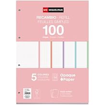Miquelrius - Refill pad, 100 Squared Sheets 5 x 5 mm, Opaque Paper 90 g/m2, Refill A4 Perforated Sheets for Ring Binders or Binders, School Supplies, 5 Colours of Sheets