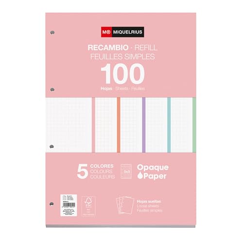 Miquelrius - Bloc de recambio, 100 hojas cuadriculadas 5x5 mm, Papel opaco 90 g/m², Recambio hojas A4 perforadas para carpeta de anillas o archivadores, Material escolar, 5 colores de hojas