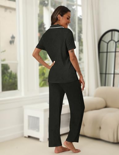 Image of HNG Women Pajamas Set 2 Piece Button Up Pajamas Pant and Short Sleeve Shirt for Woman Pj Sets with Pocket