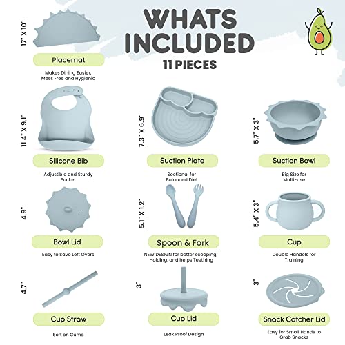 Baby Pastels - Baby Feeding Set - Baby Led Weaning Supplies - Silicone Suction Utensils/Cutlery/Dishes/Dinnerware For 6-36 Months - Bowl, Plate, Spoon Fork, Bib, Placemat, Cup 11 Pieces (Pastel Blue) #TOP1