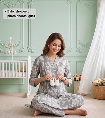 Image of DUMMY SHAPE Feeding Kurtis for Women Cotton Blend | Floral Kurta Pant Dupatta Set with Nursing Zippers to Pre & Post Partum | Maternity Dresses | Mom to Be Gifts for Pregnant Woman