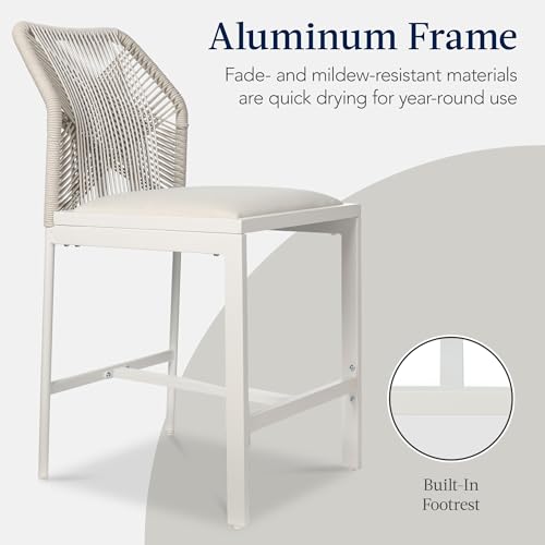Butacos de altura para barra Best Choice Products, para interior y exterior, sin brazos, con respaldo y reposapiés, cojín integrado, estructura de aluminio - Blanco/Alpine miniatura 6