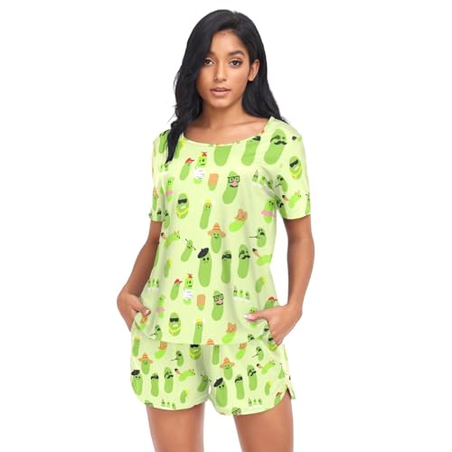 Women's Pajama Sets Short Sleeve Tops Loungewear 2 Piece Shorts Sleepwear with Pockets Round neck Pjs Set