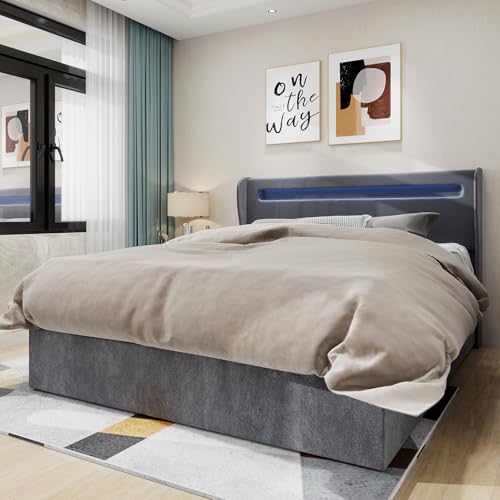 Oxtao Moderna cama tapizada minimalista de 140 x 200 cm, con cabecero LED suave integrado, somier de láminas de alta calidad con mecanismo de elevación neumático, cama doble, sin colchón (gris, 140 x