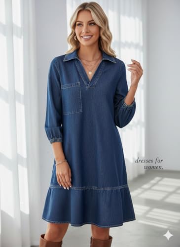 Dokotoo Denim Dress for Women Summer Casual Babydoll 2026 V Neck 3/4 Puff Sleeve Jean Dresses - Image 6