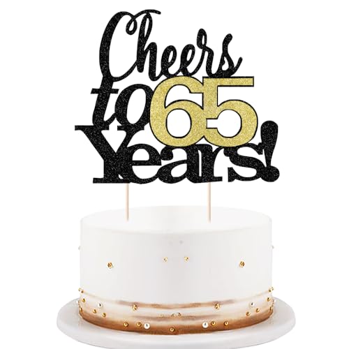 Black Font Golden Numbers Cheers to 65 Years Happy Birthday Cake Topper