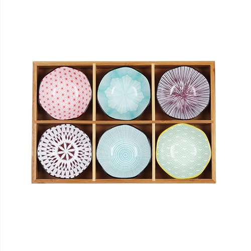 小皿, 食器, 豆皿ット, 果物 ケース, 小さい皿, 仕切り 竹製トレイ付きですセラミック 陶器 小物収納 盛台 小鉢 調味料用 付け合わせ ディップ アイスクリーム ソース皿 末広がり 前菜皿 盛り鉢 和食器 食洗機 電子レンジ対応 ギフト 結婚祝い