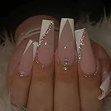DOCVOEOMH French Tip Press on Nails Long Coffin Rhinestone White Fake Nails Pink Acrylic False Nails Shiny Glue on Nails for Women and Girls 24PCS