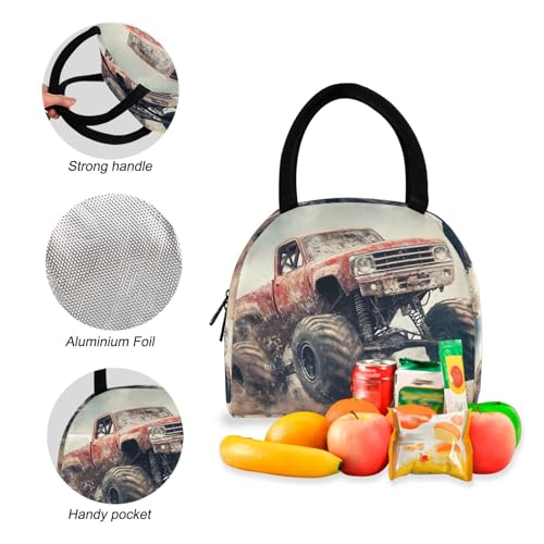 Backpack Lunch Bag Set Vintage Monster Truck Print, Big Storage Travel Backpacks with Insulated Lunch Box for Office Hiking Picnic4