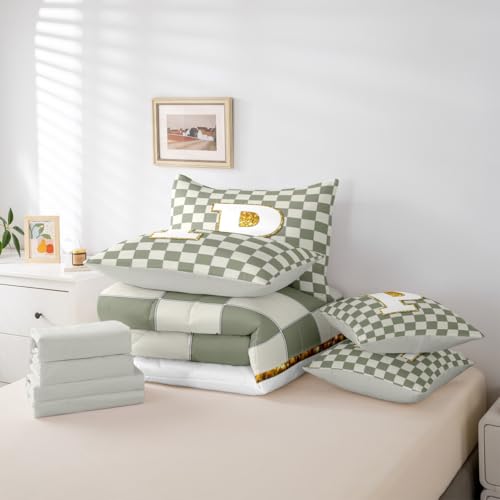 Image of Erosebridal Sage Green Checkered Full Bed in A Bag 7 Piece Plaid Initial P Comforter Set with Sheets Personalized Monogram Bedding Sets for Kids Adults,Fashion Grids Gingham Bed Set