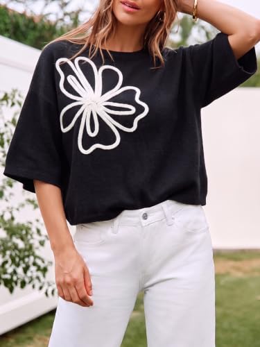 Image of Cicy Bell Womens Oversized Short Sleeve Sweaters Tops Knit Fall Pullovers