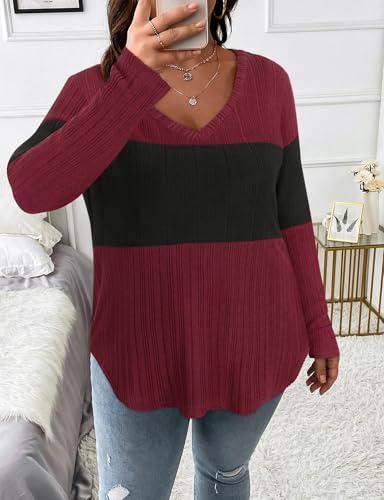 Image of Koscacy Women Plus Size Casual Knit Sweater V Neck Solid Color Tops Lightweight Long Sleeve Blouses
