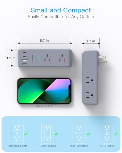 Image of Surge Protector Outlet Extender - with Rotating Plug, 6 AC Multi Plug Outlet with 4 USB Ports (2 USB C), 1800 Joules, 3-Sided Swivel Power Strip with Spaced Outlet Splitter for Dorm, Office, Grey
