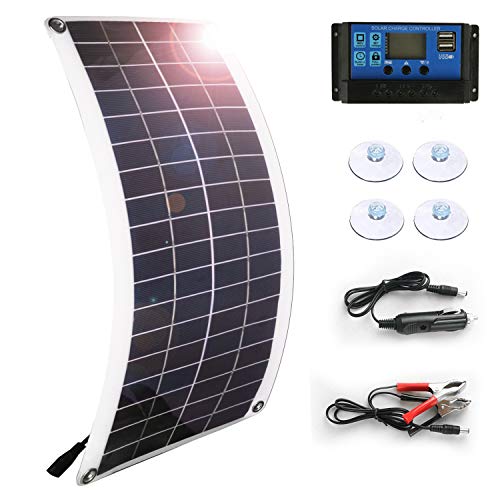 Solar Panel 25W 18V 12V Bendable Flexible,Solar Car Battery Charger Maintainer Portable Trickle Charger with Cigarette Lighter Plug,Charging Clip Line for Motorcycle RV Boat with 10A Charge Controller