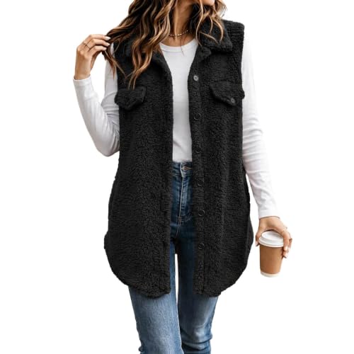 Womens Sherpa Fleece Vest Longline Button Front Flap Pockets Casual Winter - image 1
