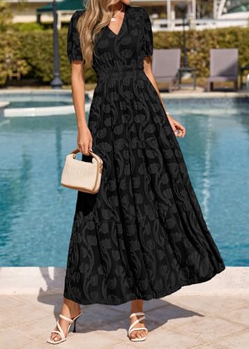 Image of KIRUNDO Summer Dresses for Women 2026 Boho Flowy Casual Short Sleeve V Neck Elastic Waist Floral Long Baby Shower Maxi Dress