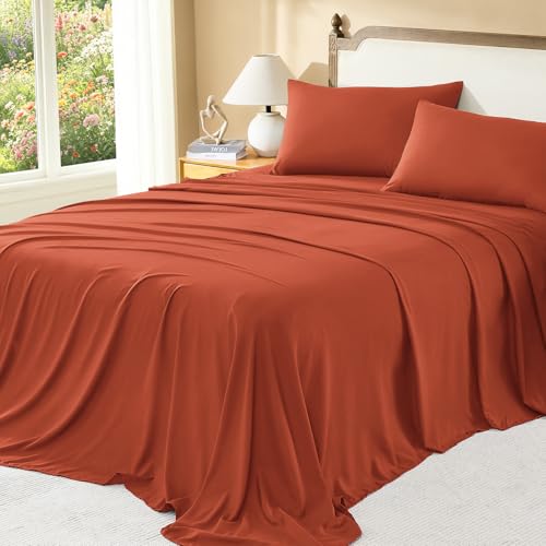 Image of Litanika Oversized King Size Comforter Set with Sheets Burnt Orange - 7 Pieces Bed in a Bag Oversized King Boho Tufted Complete Bedding Sets with Comforter, Sheets, Pillowcases & Shams