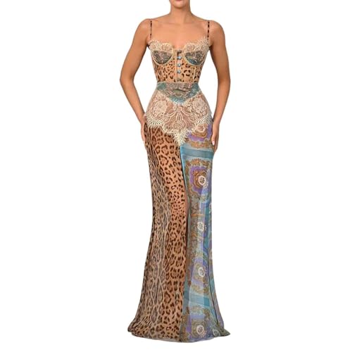 Women's Sexy Slim fit Chiffon Dress with Leopard Print Patchwork lace Slit Suspender Skirt and Floor Length Skirt (Small,Blue)