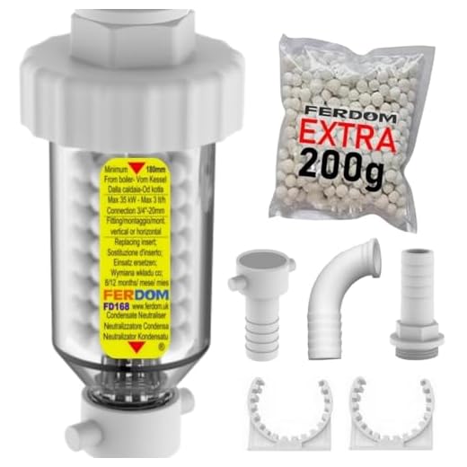 FERDOM FD168 Neutralizador De Condensado De Caldera, Recargable, Tamaño Mini. Para Todas Las Calderas De Condensación De Hasta 35 kW. Ajuste Horizontal O Vertical Para La Tubería De La Caldera.