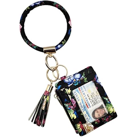 Beurlike Keychain Bracelet with Credit Card Holder for Women Wristlet Tassel Key Ring ID Wallet for Lady Girls (BlackFlower 2) Cover