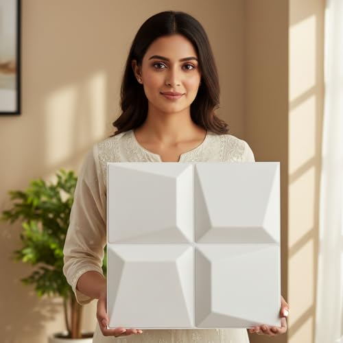 Image of Kayra Decor 3D PVC Wall Panels for Bedroom & Living Room | Cube Design | White Color|19.7 x 19.7 Inch | Pack of 12 | 32.28 Sq Ft