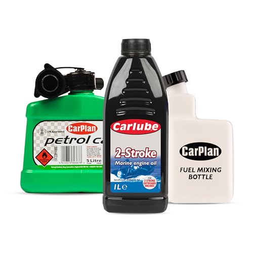 Carlube High Performance 2-Stroke Engine Oil 1L for Marine and Small Engines, CarPlan TPH005 5L Fuel Can, Unleaded Petrol (Green) + CarPlan 2-Stroke Fuel Mixing Bottle 1L