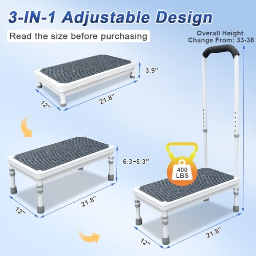 Step Stool with Handle for Elderly, Bathtub Steps Seniors Medical Safety Handicap Foot Stool, Shower Tub Helper Stepping Heavy Duty 400lbs, Adjustable Metal Bath Platform with Handrail Non Slip - Thumbnail 2