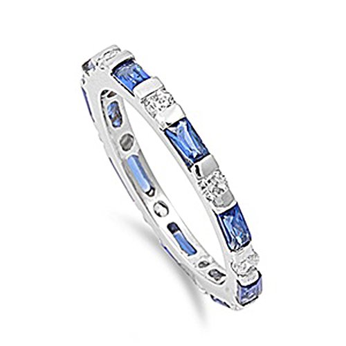 DoubleAccent Sterling Silver White & Simulated Blue Sapphire CZ Baguette Eternity Band 3MM (Size 5 to 10)2