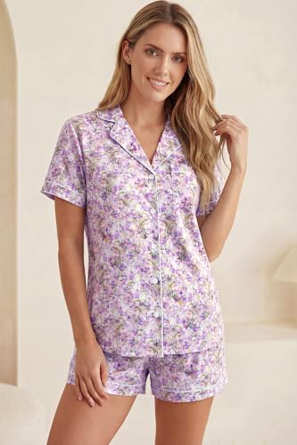 Image of LUBOT 100% Cotton Pajamas for Women 2 Piece PJ Set Poplin Woven Lightweight Ladies Button Short Sleeve Sleepwear S-XXL