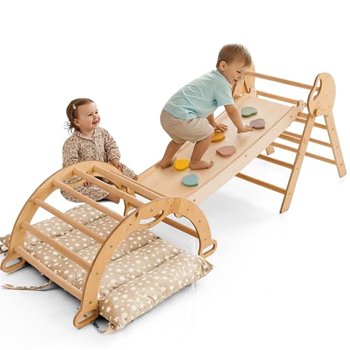 Goodevas 5-in-1 Montessori Klettergerüst Set: Indoor Kletterdreieck, Kletterbogen mit Kissen, und Rutsche für Kinder, Indoor Spielplatz 1-3 Jahre