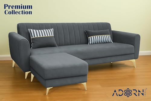 Image of Adorn India Premium Luster 4 Seater L Shape Sofa Set | Velvet Suede Fabric | 3-Year Warranty | Color Dark Grey with Golden Legs & Striped Pattern Cushion