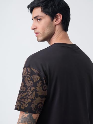 Image of The Souled Store Oversized T-Shirt: Regal Men and Boys Short Sleeves Round Neck Black Graphic Printed Cotton Drop Shoulder Everydaywear Streetwear Casual Oversized T-Shirt