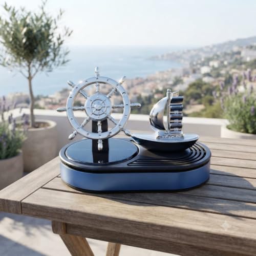 Image of Premium Solar Powered Rotating Ship Wheel Car Air Freshener | Solar Panel Powers The Automatic Rotation Of The Ship And Steering Wheel Under Sunlight. No Batteries Or Charging Required.