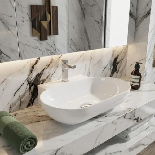 Image of Wall Mounted Wash Basin for Bathroom | Wall Hung Large Wash Basin /Ceramic Wash Basin /Vessel Sink (22.4 x 16 x 5.1 Inch, Orbit-7010)