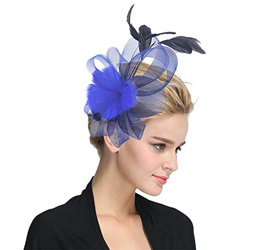 Urban CoCo Women's Vintage Flower Feather Mesh Net Fascinator Hair Clip Hat Party Wedding (#5 Royal Blue)