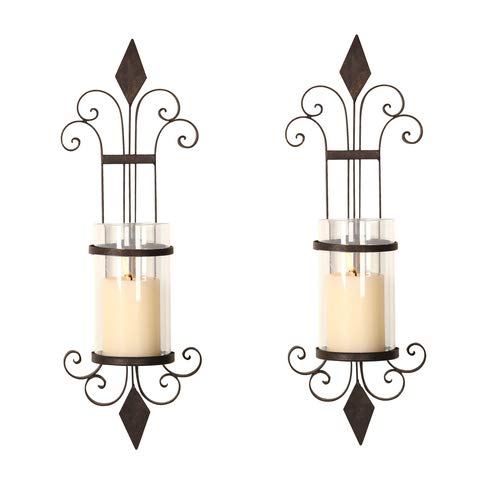 Adeco Iron and Glass Vertical Wall Hanging Candle Holder Sconce, Scroll and Diamond