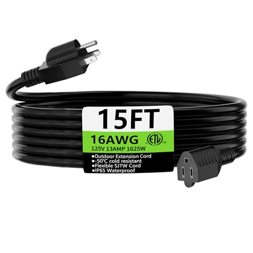 HUANCHAIN 15 FT 16 Gauge Black Indoor Outdoor Extension Cord Waterproof Flexible Cold Weather 3 Prong Electric Cord Outside 13A 1625W 125V 16AWG SJTW ETL Listed