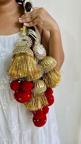 Image of Zippy Flora Heer Parandi (Golden) | Handmade Boho Traditional Hair Accessory with Braid Tassels & Ghoonghru | Women's Ethnic Hair Extension for Choti, Braids, Bridal & Festive Hairstyles