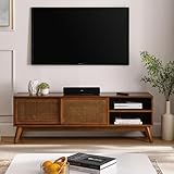 LKTART Mid Century Modern Rattan TV Stand for 65 Inch TV,59' Boho Media Console with Sliding Doors & Open Shelves,Solid Wood Legs for Living Room,Light Walnut