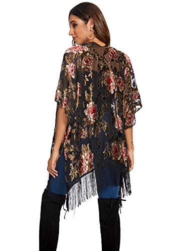 Image of MJ SERECA Women's Burnout Velvet Kimono Cardigan Cover Up with Tassel