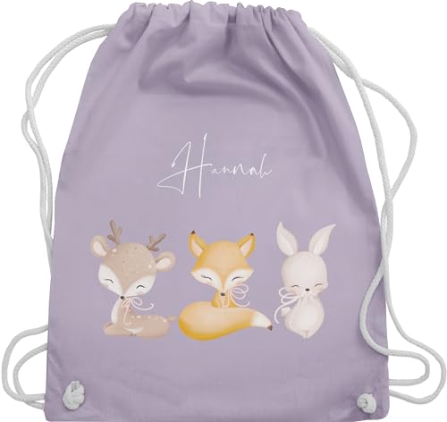 Turnbeutel Rucksack - Tiere - Reh Fuchs Hase süße Waldtiere mit Name - Unisize - Pastell Lila - kindergarten beutel wechselkleidung personalisierter stoffbeutel kinder personalisierte geschenke