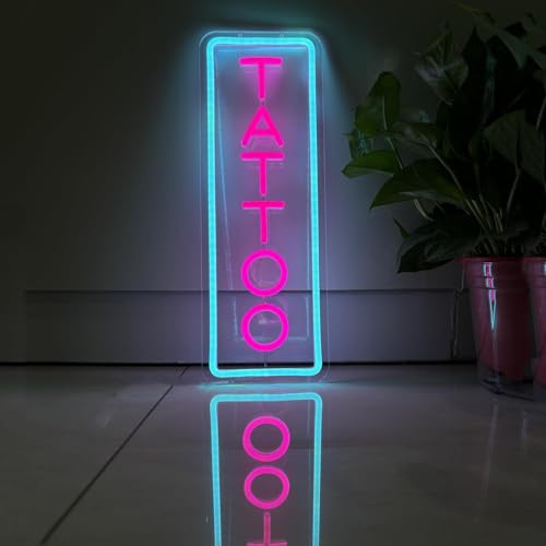 Image of Dimmable Tattoo Neon Sign,LED Reusable Neon Signs,Arylic Ice Blue Tattoo Shop Sign with Dimmer for Tattoo Salon, Studio, Shop Plaque,Tattoo Gifts for Friends,16x5.9in(Ice Blue+Pink)