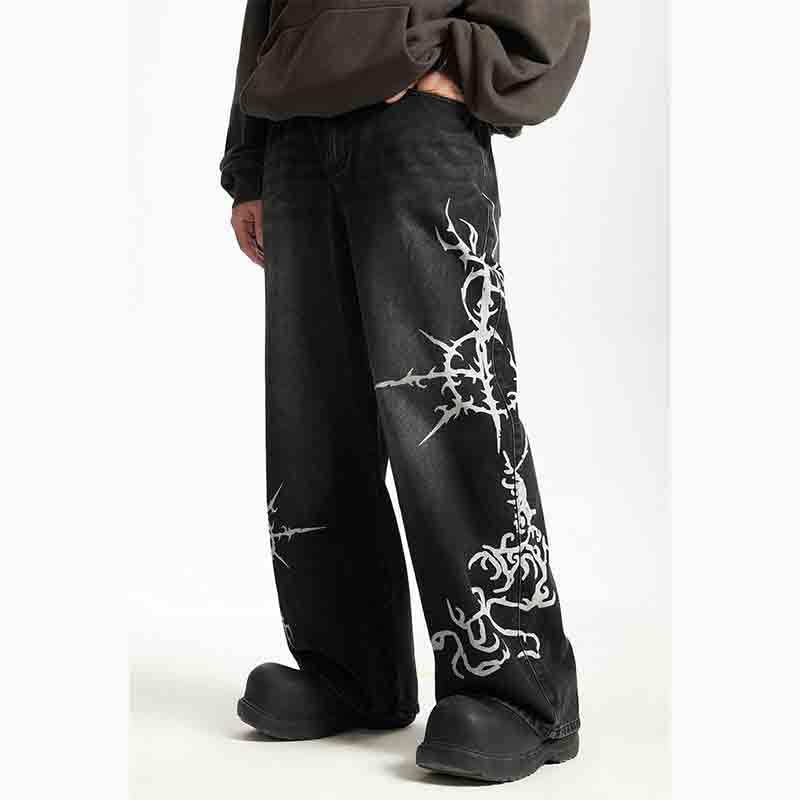 BXCNCKD Men's Graphic Printed Wide Leg Jeans, high Street Loose fit Distressed Straight Leg Pants Mens Jeans Relaxed fit2