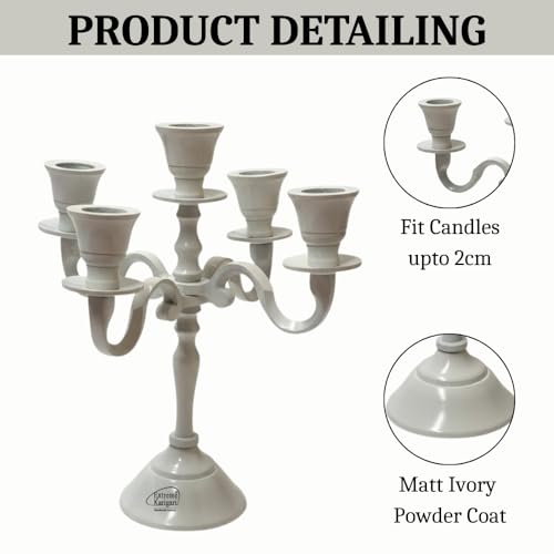 Image of Aluminum 5-Arm 8inch Ivory Candelabra for Dining Table | Vintage Candle Stand for Romantic Dinner, Home & Wedding Decor