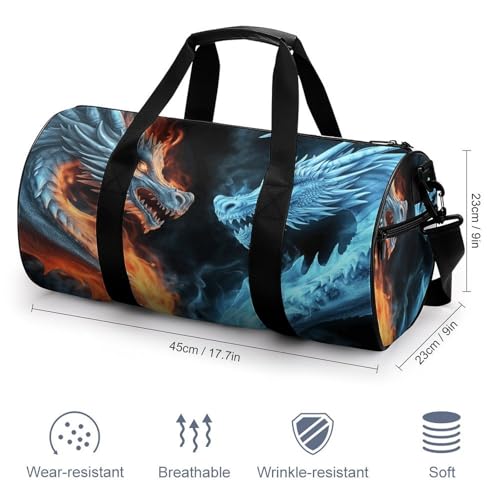 Sac de sport cylindrique imprimé dragons de glace et de feu