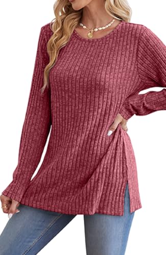 Image of Jescakoo Long Sleeve Shirts for Women Crew Neck Fall Tops Side Split Lightweight Tunic Sweaters Fashion Clothes 2025 S-4XL
