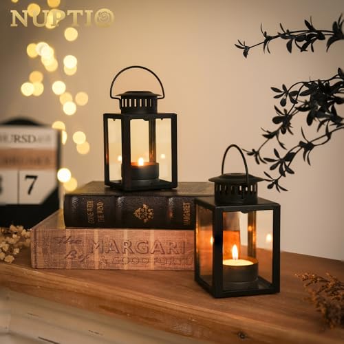 NUPTIO Laterne Klein für Teelichter Draußen: 2 Stück Mini Teelicht Laternen Kleine Outdoor Schwarz Windlicht Gartenlaterne Kerzen Metall Hängen Teelichthalter Vintage Deko Wetterfest Weihnachtstag