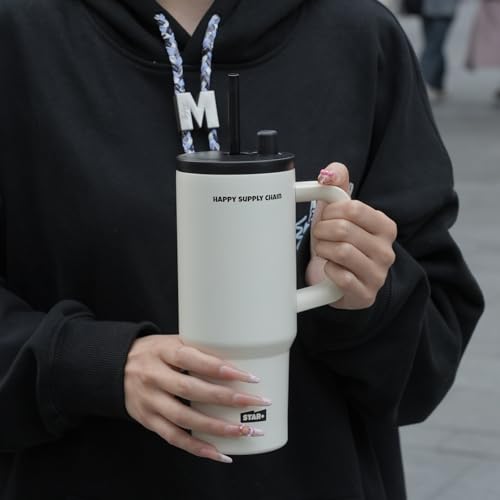 Image of SDGA+ 24 oz Tumbler with Lid and Straw, Stainless Steel Travel Coffee Mug with Handle, Resuable Insulated Water Bottle, Portable Ice Coffee Cup for Women, White